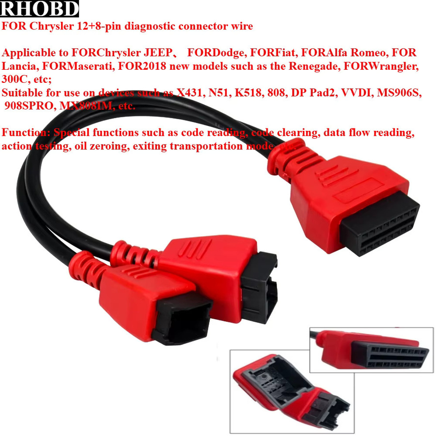 NEWBest OBD2-Kabel für FIAT und ALFA ROMEO als 12+8 SGW Bypass-Adapter für Chrysler und LAUNCH X431 Diagnosegeräte, Rot - Bild 1