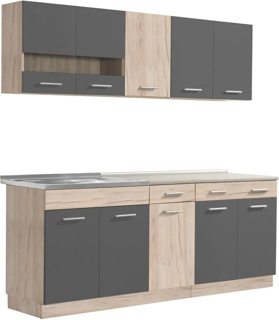 Homestyle4u Küchenzeile modern in Anthrazit mit Glastüren und Innenschubladen B/T/H: 200 x 60 x 206,5 cm - Bild 1