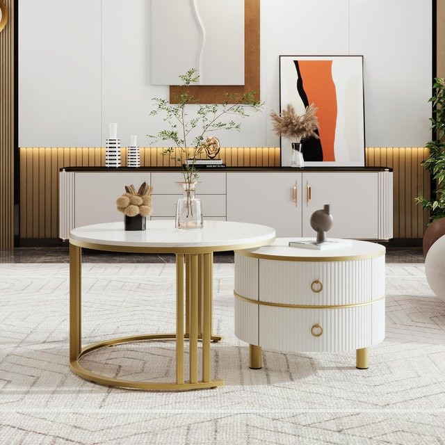 Flieks 2er Set Rund Couchtisch im modernen Luxusstil mit Marmormuster und Schubladen in Weiß - Bild 1