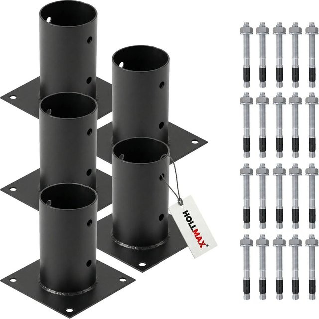 HOLLMAX Pfostenträger Set für Rundholzpfosten, 5 Stück Aufschraubhülsen 80 mm inklusive Schwerlastanker 10 x 100 mm, pulverbeschichtet in Schwarz matt - Bild 1
