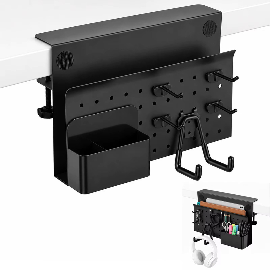 Metall-Pegboard-Organizer für den Schreibtisch in Schwarz mit Kopfhörerhalter und Kabelmanagement zur Aufbewahrung von Bürobedarf, Laptop, Tablet und Telefon - Bild 4