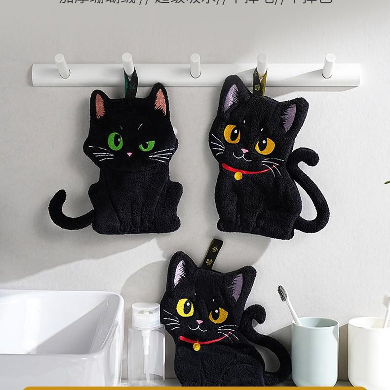 Saugfähiges Korallenvlies Handtuch mit Cartoon-Katze Motiv in Schwarz und Grün für Badezimmer und Küche - Bild 3
