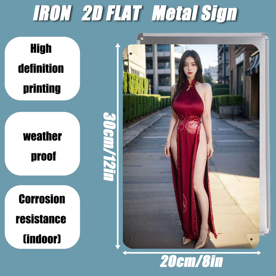 Metall-Wandkunst CIFBUY mit chinesischer Qipao-Frau in Rot, Retro-Eisenschild als grafisches Porträt für dein Heim oder Büro - Bild 2