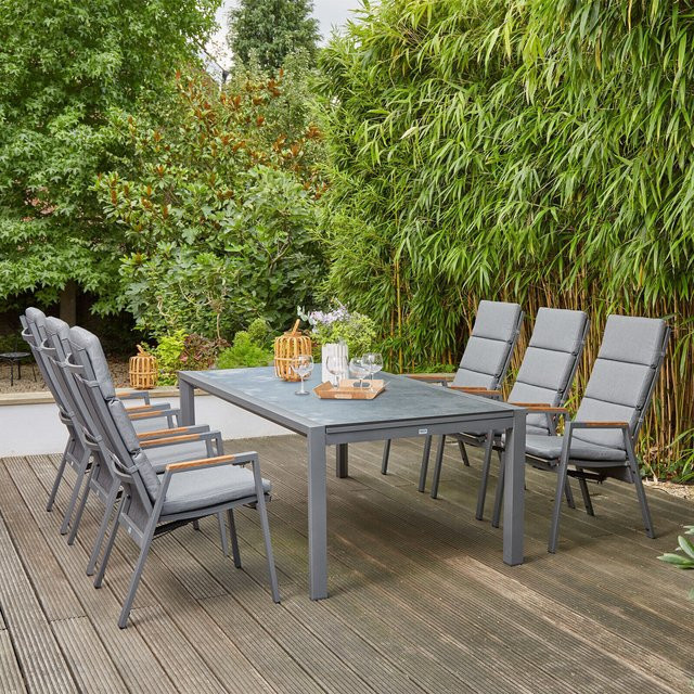 Siena Garden Savona/Kingston Garten-Essgruppe aus Alu, Teak, Keramik und Texfabric in Matt Graphit/Grau mit ausziehbarem Tisch und 7 Stapelsesseln, Tisch B/T/H: 220 x 108 x 76 cm (ausziehbar auf 340 x 108 x 76 cm) - Bild 1