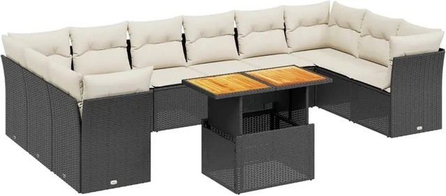 vidaXL 11-teilige Garten-Sofagarnitur aus Polyrattan in Schwarz mit Kissen und Tisch in L-Form - Bild 1