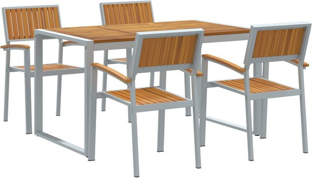 vidaXL 5-teiliges Garten-Essset aus Akazienmassivholz und Metall in Grau und Braun, B/T/H: 140 x 80 x 75 cm - Bild 1
