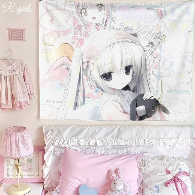 VIKAMA Wandteppich im japanischen Stil mit süßem Mädchen-Motiv in Pink, rechteckiger Wandbehang für das Kinderzimmer, Breite: 75,0 cm, Höhe: 58,0 cm - Bild 1