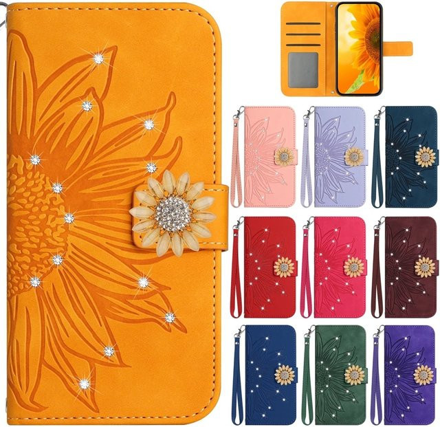 3D-Glitzer-Handyhülle mit Sonnenblumen-Leder-Geldbörse und Kartenhalter für Google Pixel 9 Pro XL 8 8A 7 7A 6 6A in Purple - Bild 1