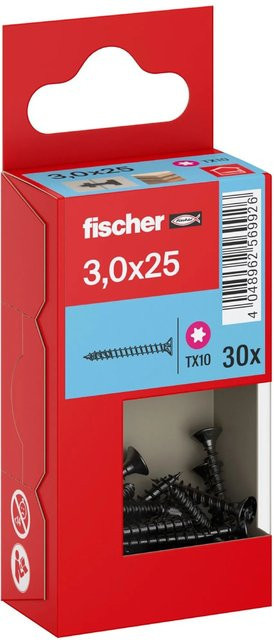 Fischer PowerFast II Senkkopf Schraube mit Torx-Antrieb und Vollgewinde, Farbe: Schwarz, Durchmesser: 3 mm, Länge: 25 mm, 30 Stück - Bild 1