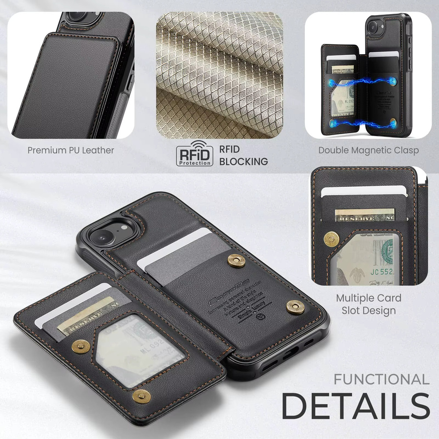 WeFor Lederhülle für iPhone 17e und iPhone 16e mit Kartenhalter, RFID-Blockierung und Standfunktion in Schwarz oder Grün - Bild 3