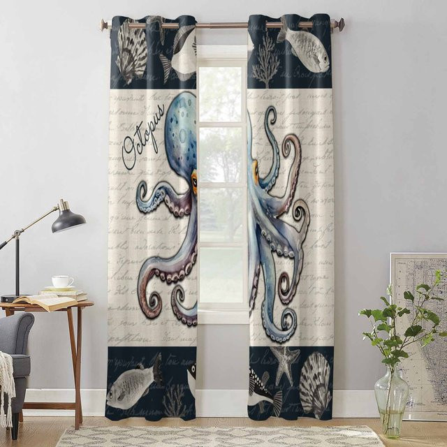 Super Six Fenstervorhang mit Oktopus, Muschel und Seestern Motiv in Blau, semi-transparent, B: 135 cm, H: 115 cm - Bild 1
