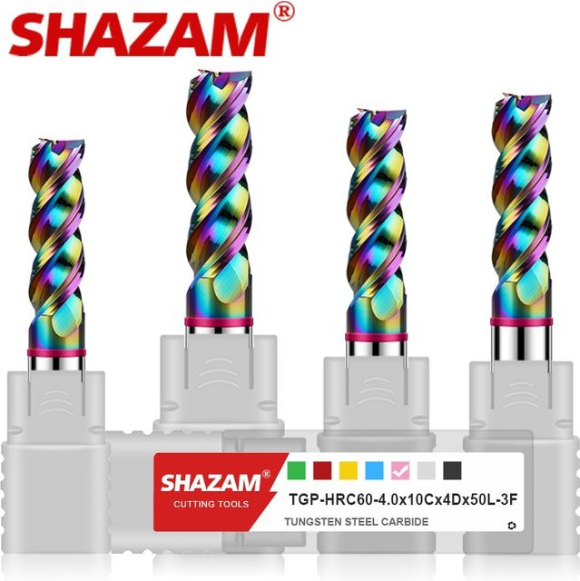 Shazam TGP-HRC60 3-Flöten-Endfräser aus Wolframstahlkarbid mit DLC-Beschichtung für CNC-Bearbeitung von Aluminium und Metall, Mehrfarbig - Bild 1