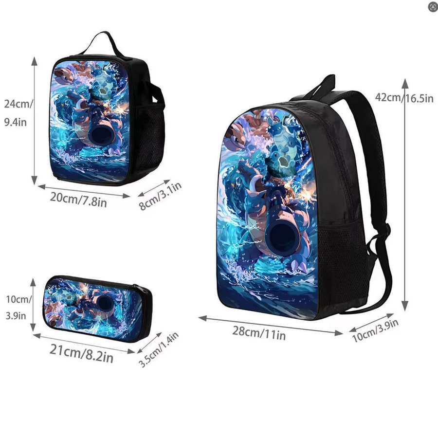 Potdemiel Pokémon Blastoise Wave Crush 3D-Rucksack-Set, Canvas-Rucksack, Lunchbox, Federmäppchen - Bild 3