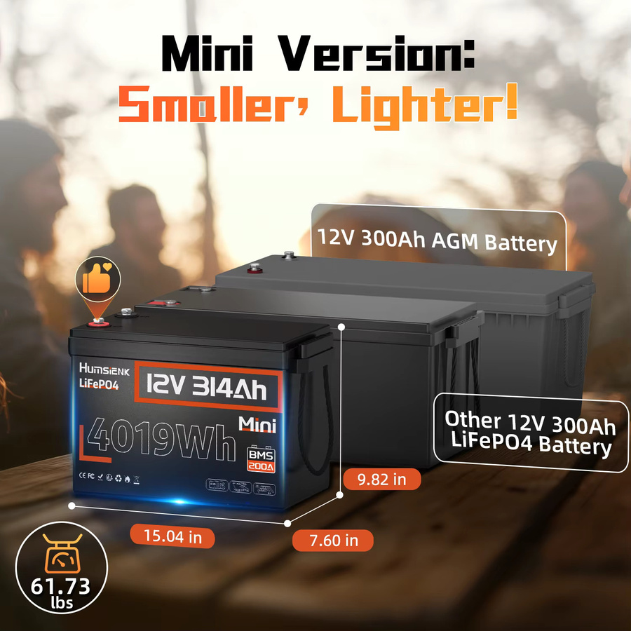 Humsienk LiFePO4 Batterie 12V 314Ah Schwarz Wiederaufladbare Mini-Batterie mit Tiefentladezyklus - Bild 4