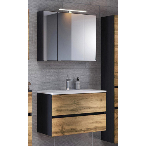 HELD MÖBEL Waschtisch-Set LUCCA in 4-teiliger Ausführung, modern und wandmontiert, Farbe Braun/Anthrazit/Weiß mit LED-Beleuchtung und Steckdose - Bild 2