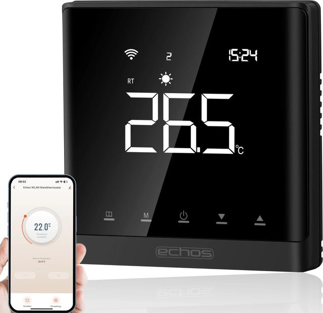 Echos Eco-4181 WiFi Wandthermostat für Fußbodenheizung in Schwarz mit Display und App-Steuerung über Tuya oder Smart Life - Bild 1