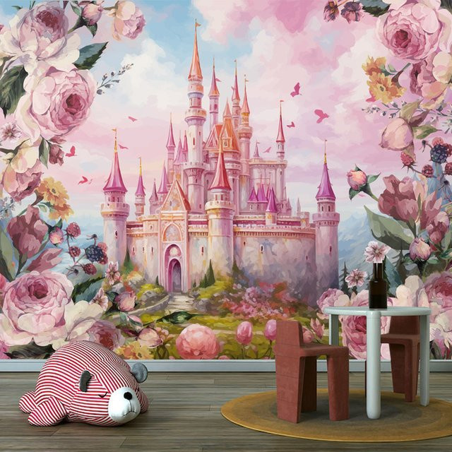 Selbstklebende ShineHome Fototapete mit Blumen- und Schlossmotiven in Multicolour für Kinderzimmer und Schlafzimmer - Bild 1