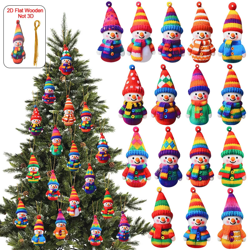 16er Set xunyihappy Schneemann Weihnachtsornamente aus Holz, bunte 2D Anhänger für Weihnachtsbaum und Dekoration - Bild 7