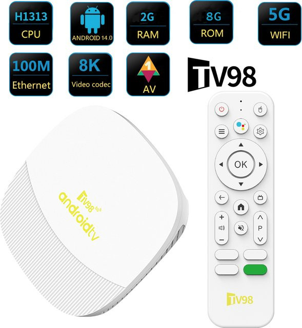 TV98 ATV Max Android 14 TV Box mit Allwinner H313, 2GB RAM, 8GB Speicher, Wifi 6, Bluetooth, 8K 4K AV1 Full HD Smart Media Player und Sprachsteuerung in Weiß - Bild 1