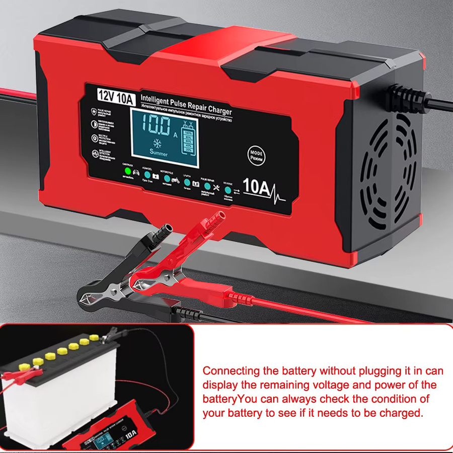 Intelligentes Autobatterieladegerät mit LCD-Display und Pulsreparatur Funktion, 12 V, 10 A, für Eisen-Lithium-Batterien, Farbe: Rot - Bild 6