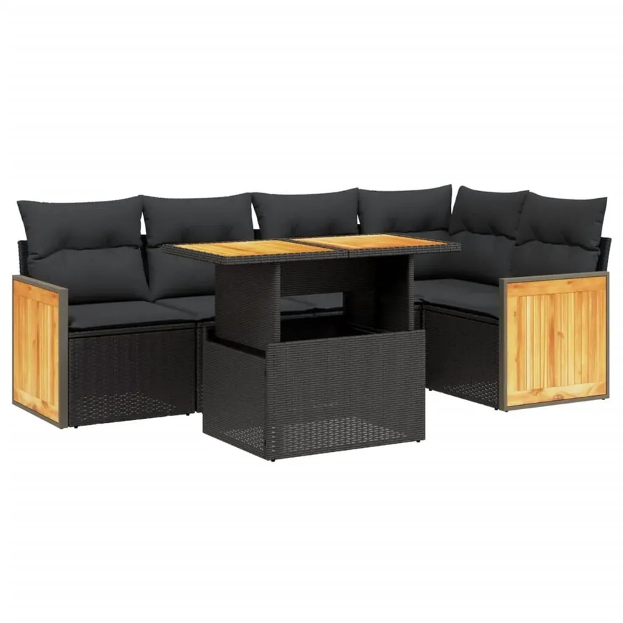 vidaXL 6-teilige Garten-Sofagarnitur in L-Form aus schwarzem Poly-Rattan mit Kissen und pulverbeschichtetem Stahlrahmen - Bild 2