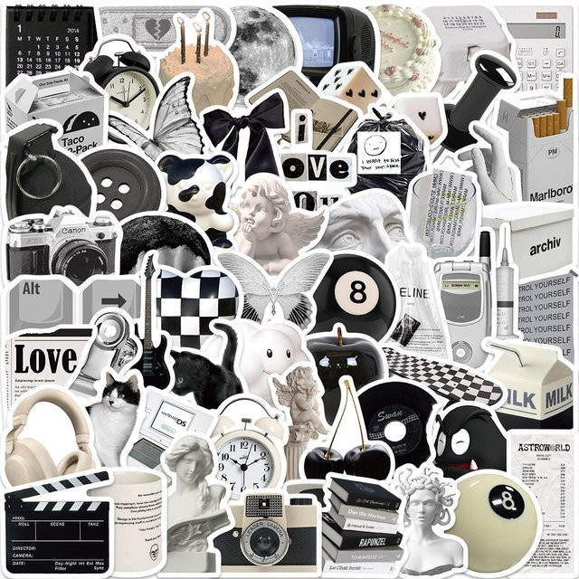 61 Stück minimalistische Doodle-Aufkleber in Schwarz und Weiß von AnimeWorlds Store zur Dekoration von Gepäck, Gitarren oder Notebooks - Bild 1