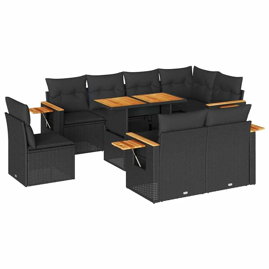 vidaXL 9-teilige Garten-Sofagarnitur in L-Form aus Poly-Rattan und Akazienholz mit Kissen in Schwarz - Bild 2