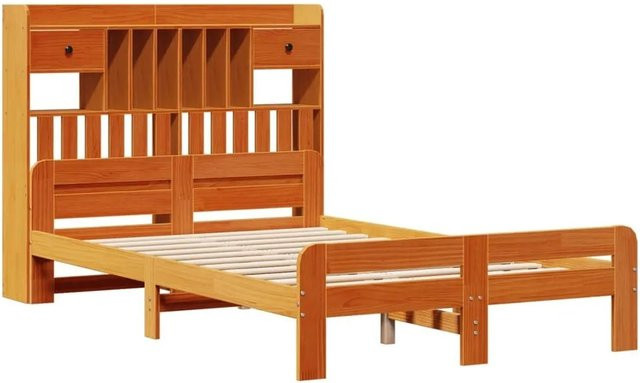 vidaXL Massivholzbett aus Kiefernholz mit Kopfteil und Regal in Braun, B/T/H: 141 x 190 x 110 cm - Bild 1