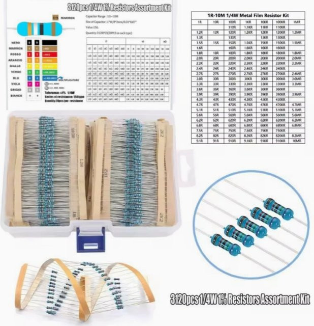 Metallschichtwiderstand-Set mit 20 Stück pro Wert, 1 % Toleranz, 0,25 W, 156 Spezifikationen, Multicolor - Bild 1