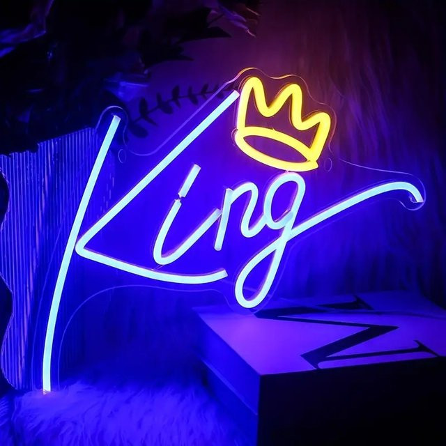 König Leucht Neon-Wanddekoration mit blauen Buchstaben und rosa Krone für Schlafzimmer und Party-Deko - Bild 1