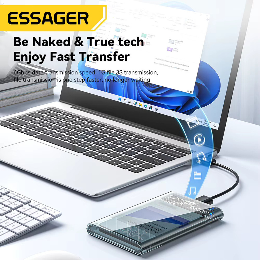 Essager USB 3.0 HDD-Gehäuse für 2,5 Zoll SATA Festplatten und SSD, Mobile Festplattenhülle in Grau und Transparent - Bild 2