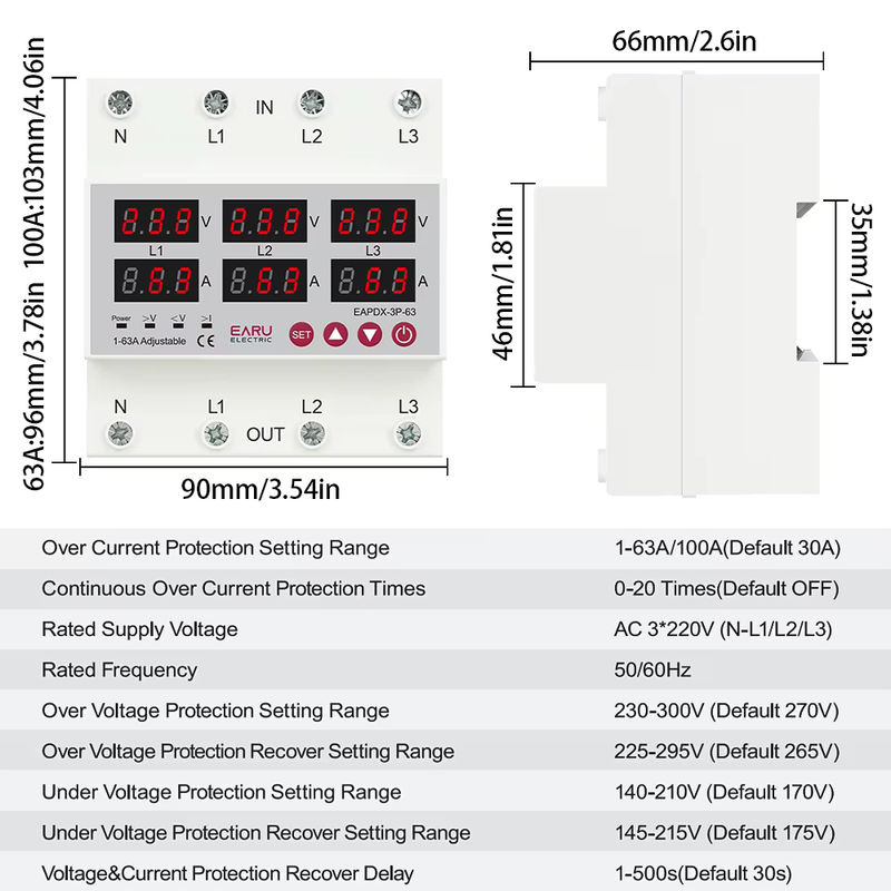 EARU Dreiphasen-Spannungsstrom-Schutzschalter mit Unterspannungsschutz, Strombegrenzungsschutz und Relaisschutz für DIN-Schiene, 3 x 220 V / 380 V, 63 A bis 100 A - Bild 2