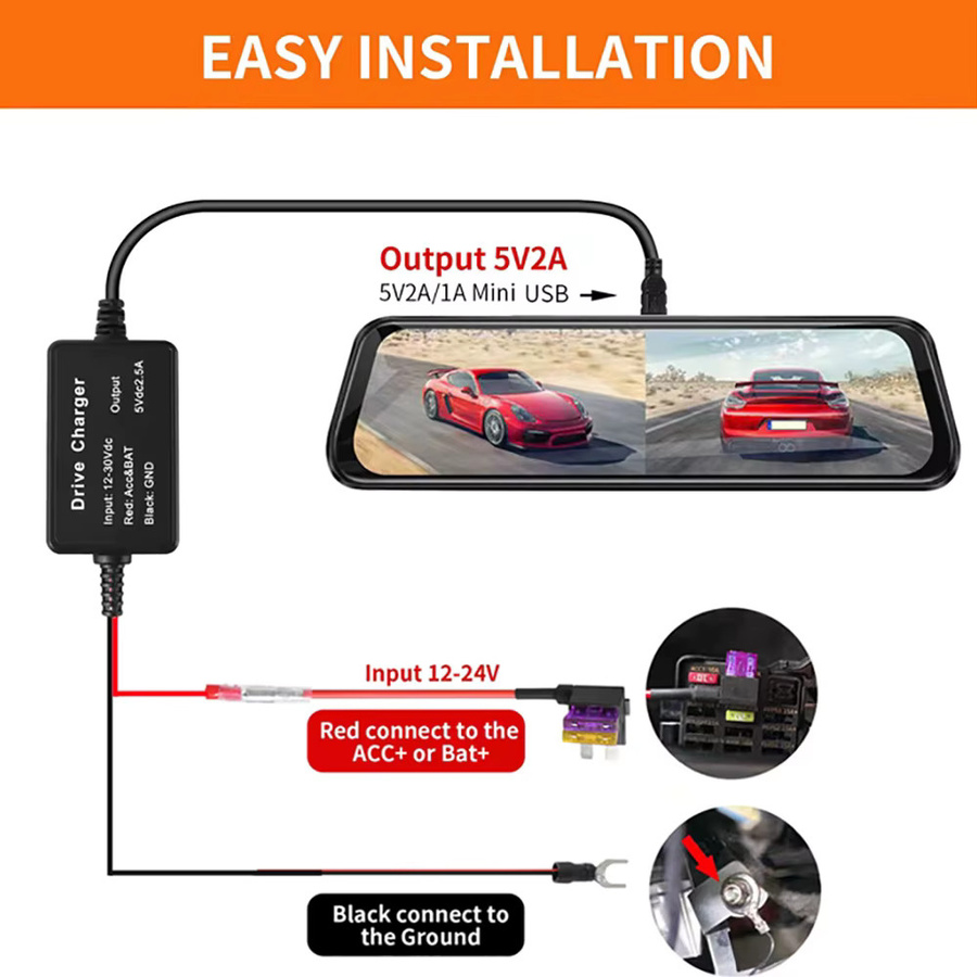 WYMECT Dash Cam Hardwire Kit mit Micro und Typ-C USB-Anschlüssen, 24H Parkmonitor Buck Line für DVR und GPS Recorder, Schwarz - Bild 2