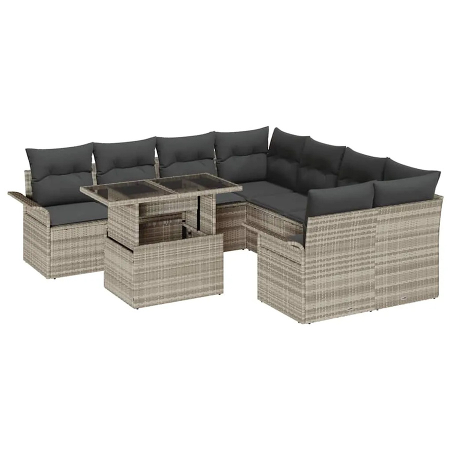 vidaXL Garten-Sofa-Set aus Poly-Rattan in Hellgrau, 9-teiliges L-Shape Lounge-Set mit Kissen und Tisch - Bild 2