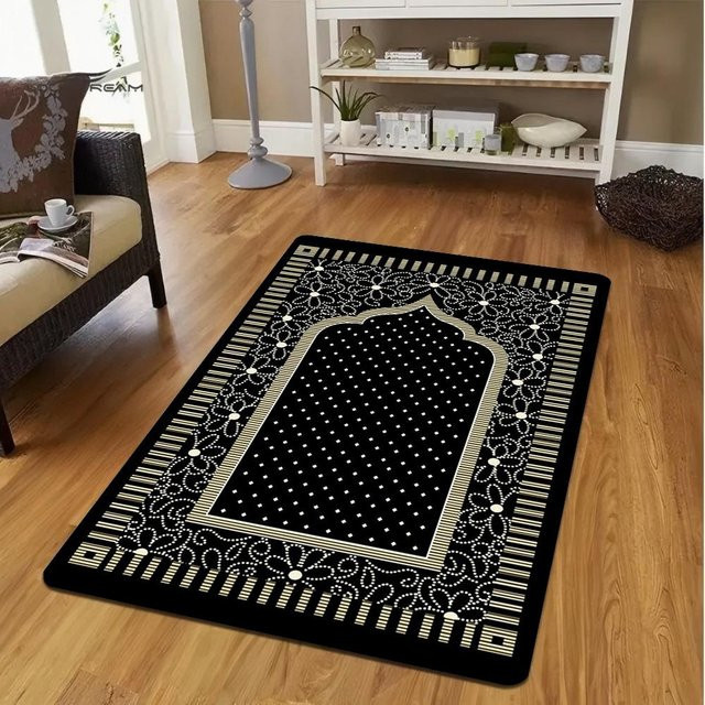 Karpetti Muslimische Gebetsmatte in Schwarz, Waschbarer Orient Teppich für Wohnzimmer, Schlafzimmer und Flur, B/B: 80 x 50 cm - Bild 1