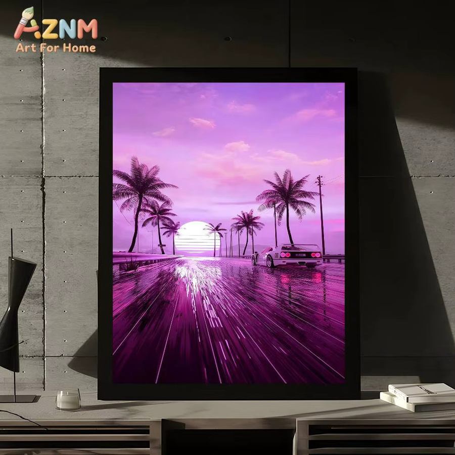 AZNM Synthwave Neon City Leinwand-Wandkunst im Retro-Stil der 80er Jahre mit Sportwagen und Palmen-Druck - Bild 4