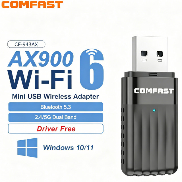 Comfast WiFi 6 USB-Adapter AX900 mit Bluetooth 5.3, Dual-Band 2,4G/5GHz kabelloser Netzwerkadapter für PC, Schwarz - Bild 1