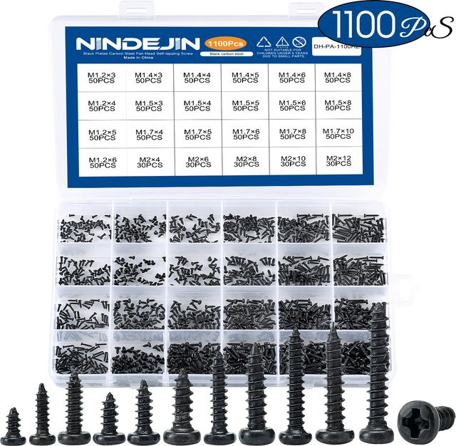 NINDEJIN Mini-Schraubenset mit 1100 Stück runden Flachkopf-Blechschrauben in Schwarz, Kreuzschlitz, M1,2 M1,4 M1,5 M1,7 M2 - Bild 1