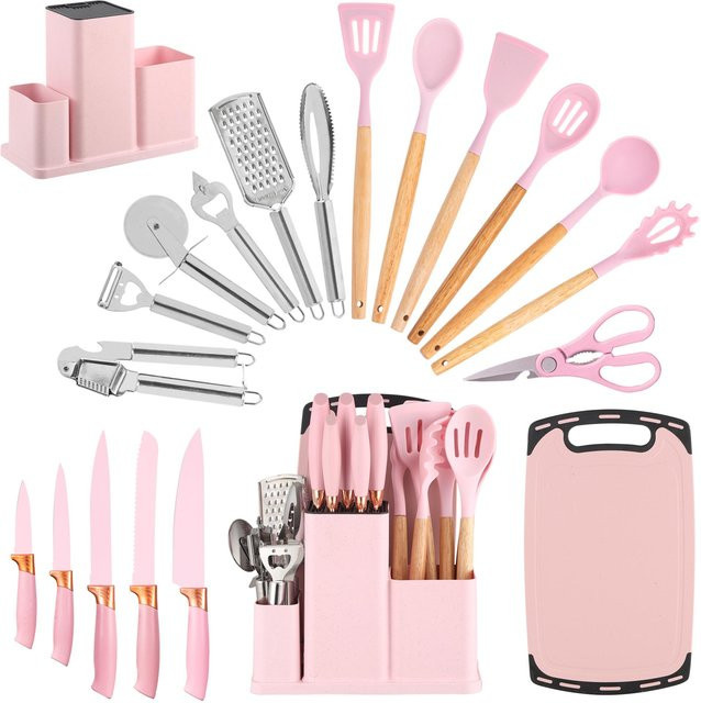 HEESEM 20-teiliges Küchenmesser- und Besteckset mit Kochwerkzeugen, Schneidebrett und Halter in Rosa - Bild 1