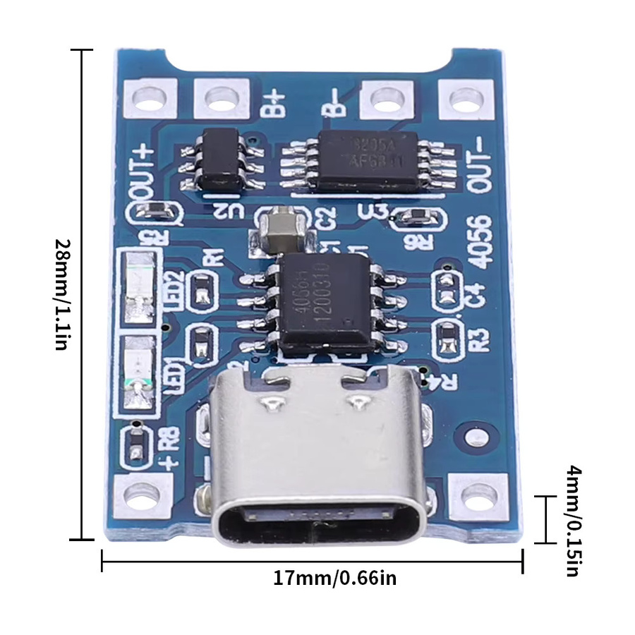 20 Stück TP4056 Lithium-Batterie Lademodul mit USB-C Anschluss und Doppel-Schutzfunktion, 5V 1A, Blau - Bild 4