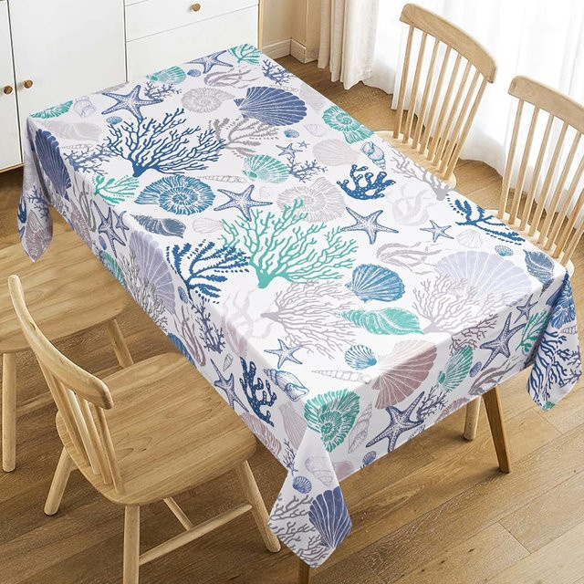 Rechteckige Tischdecke JINGYUE Pet Sommer Ozean Design mit Seestern und Muscheln, Polyester, Mehrfarbig, B x T: 140 x 140 cm - Bild 1