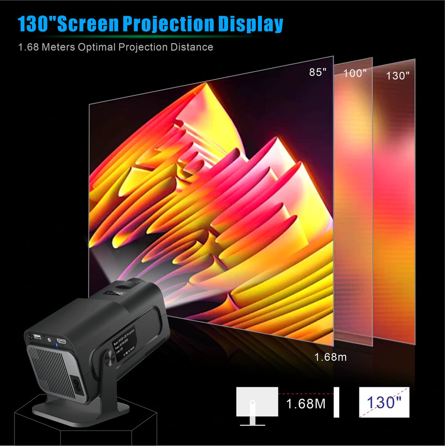 ZNLYRION HY320 Mini-Projektor in Schwarz mit 4K-Unterstützung, 200 ANSI Lumen, LCD-Display-Technologie und Android 11 Smart-Betriebssystem inklusive Smartphone-Bildschirmspiegelung - Bild 2