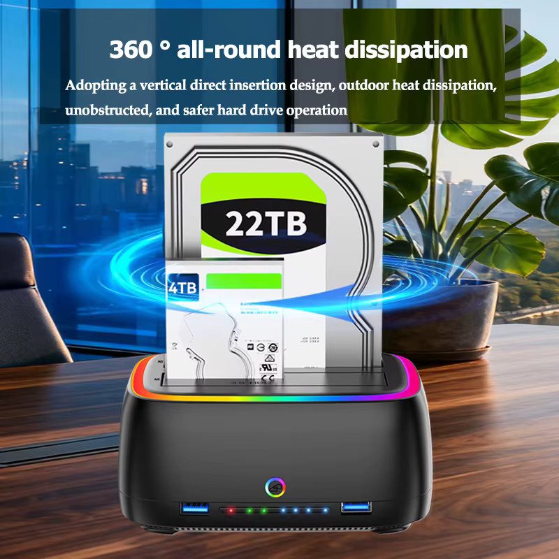 Kebidu Dual-Bay Festplattenstation mit Offline-Klondaten-Funktion, USB 3.0 5 Gbit/s RGB-Adapter für 2,5 und 3,5 Zoll HDD/SSD sowie TF/SD-Karte, Schwarz/Multicolor - Bild 3