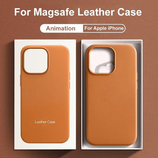 FUKABO Animierte Ledertasche für iPhone 16 15 14 13 Pro Max Plus mit MagSafe Magnetischer Kabellose Ladefunktion in Braun und Orange - Bild 1