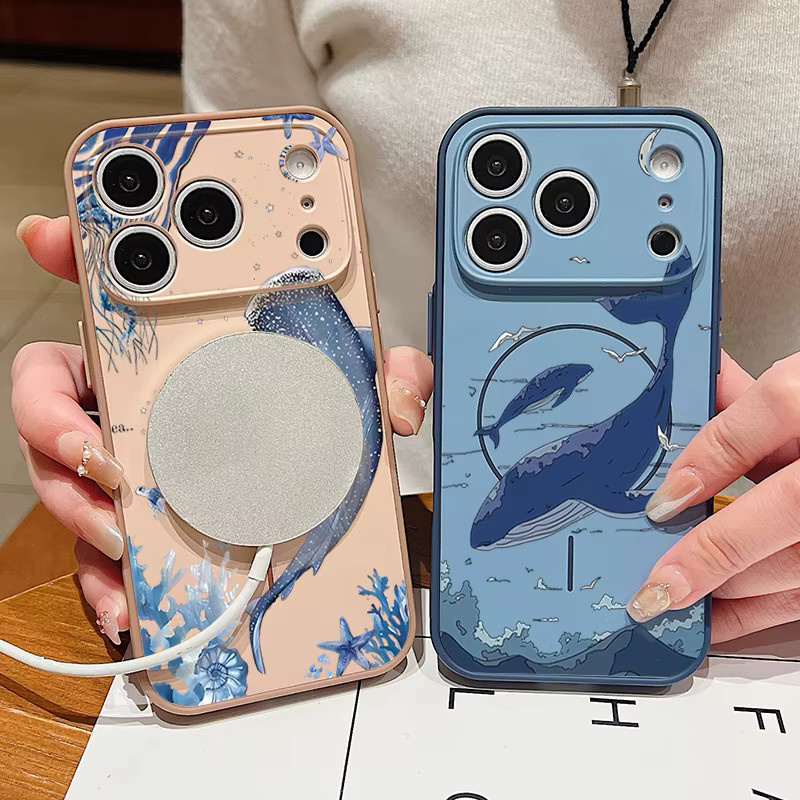 MOESOE Magnetische Handyhülle mit Wal-Muster für iPhone 17 16 15 14 13 Pro Max, Stoßfest mit Linsenschutz und MagSafe Unterstützung, Pink/Multicolour - Bild 1