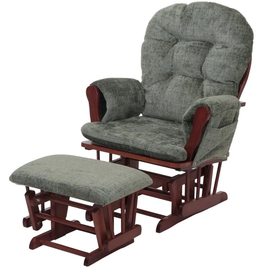 MCW Relaxsessel C76 Schaukelstuhl mit Hocker aus grünem Chenille-Stoff und dunklem Holzgestell - Bild 2