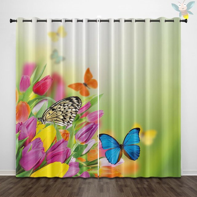 2er-Set Vorhänge mit Schmetterlings- und Blumenmuster in Beige, halbtransparent mit Ösen für Wohnzimmer und Schlafzimmer, B: 140 cm, H: 160 cm - Bild 1
