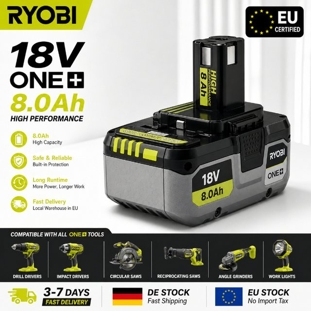Ryobi ONE+ 18V Li-Ionen Ersatzakku mit 8,0Ah Kapazität kompatibel mit P102 P103 P104 P105 P107 P108 P190 - Bild 1