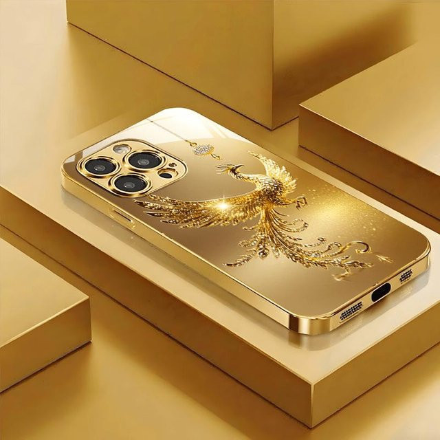 Diamant Gold Phönix Glas Handyhülle für Apple iPhone 17 16 15 14 13 12 11 Pro Max Plus in Gold, sturzfest und stoßfest - Bild 1