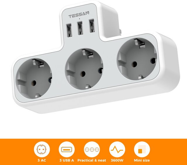 TESSAN EU-Steckdosenleiste in Weiß mit 3 AC-Steckdosen und 3 USB-Anschlüssen inklusive Überlastschutz für Zuhause und Büro - Bild 1